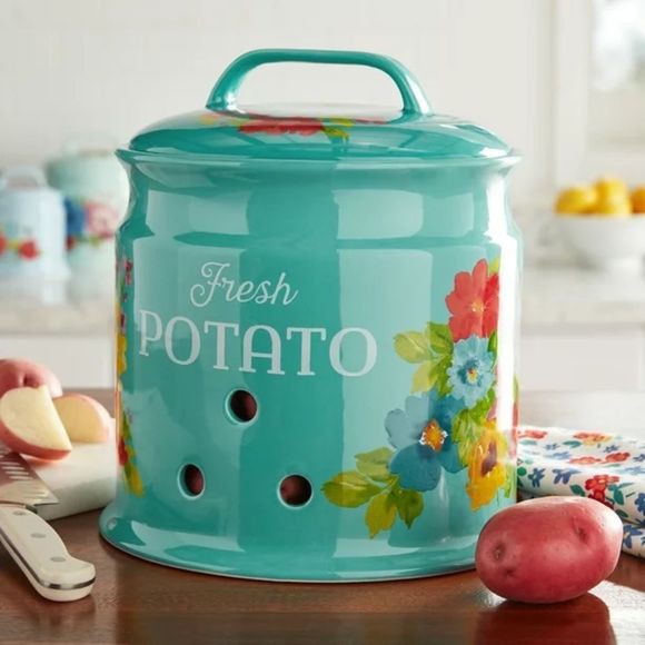 New The Pioneer Woman Breezy Blossoms 9.5-Inch Potato Keeper - Canister Teal - Picture 2 of 7